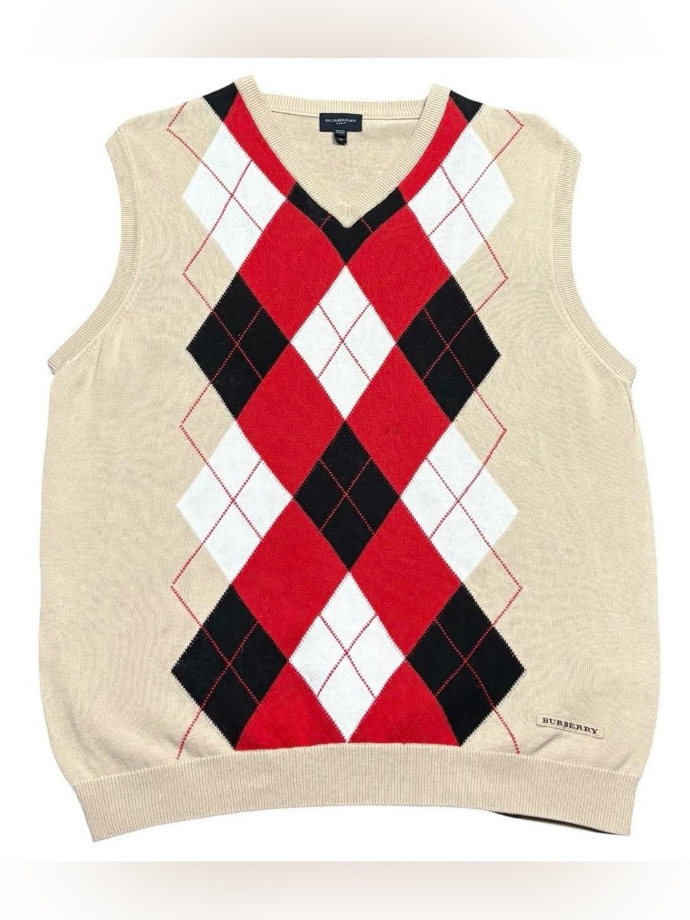 Burberry Golf Light Knit Argyle Sweater Vest Tan Red